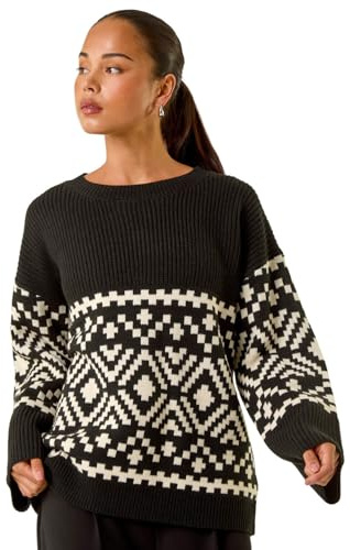Roman Petite Diamond Geometric Knit Jumper for Women UK - Ladies Everyday Autumn Winter Round Neckline Comfy Soft Evening Vacation Work Party Night Out