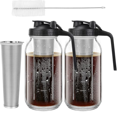 2 Pcs 1.9L Cold Brew Coffee Maker Mason Jars, Glass Jugs with Filters, Lids | Iced Brew Coffee Maker with Extended Handle, Measurement Marks and Cleaning Brush for Coffee, Tea and Juice