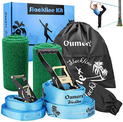 Oumers Slackline-Set,Slack Line Geschenk-Set mit 50ft Main Blance Linie Trainingslinie Baum Protector Ratchet Cover Tragetasche für Kinder Erwachsene