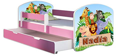 Kinderbett Jugendbett mit einer Schublade und Matratze Rausfallschutz Rosa 70 x 140 80 x 160 80 x 180 ACMA II (02N Animals name, 80 x 160 cm mit Bettkasten)