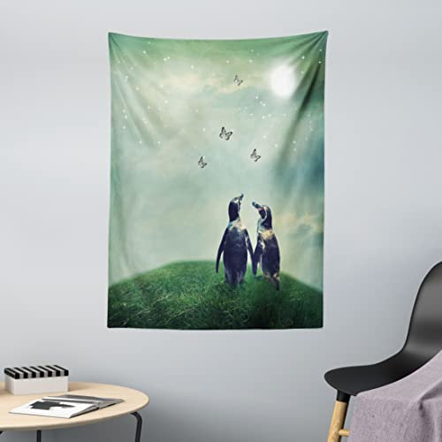 ABAKUHAUS Surrealistisch Wandteppich, Pinguin-Paar-Gras, aus Weiches Mikrofaser Stoff Ohne Veblassen Waschbarer Druck, 110 x 150 cm, Mandelgrün