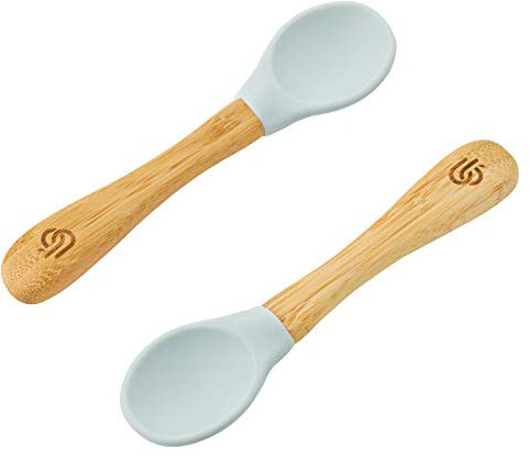 bamboo bamboo ® Cucharas De Destete Para Bebé, Set De 2 | Bambú Con Puntas De Silicona Suave | Mangos Ergonómicos De Fácil Agarre | Libre De BPA (Set De 2, Gris)