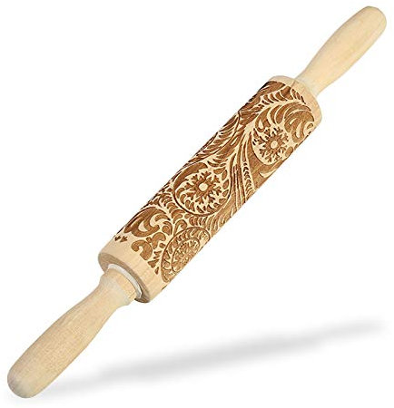 Elinala Teigroller, Nudelholz Holz, Nudelholz-Backnadel aus Holz mit Kreativem 3D-Gravur-Blumenprägungsmuster für die Herstellung von Crepes, Nudeln, Pizza