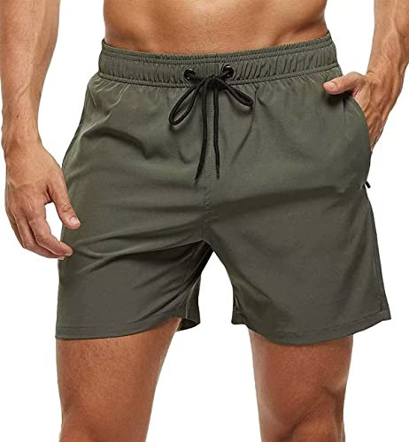 YuKaiChen Men's Swim Shorts Swimming Trunks Board Shorts Water Repellent Quick Dry Surfing Beach Shorts with Zipper Pockets and Mesh Lining Size 34 ArmyGreen
