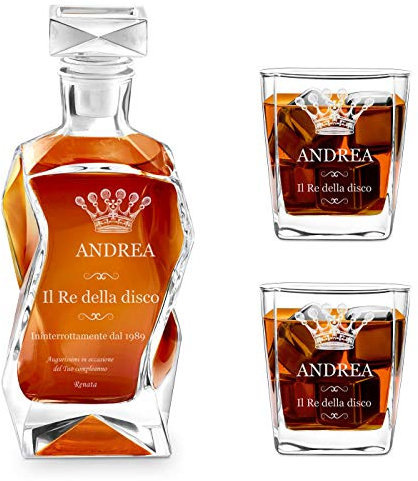 Maverton Set Decanter per Whisky in vetro - da 700 ml - incisione personalizzata - Caraffa con 2/4/ 6 bicchieri - idea regalo per il compleanno - per l’ uomo - Corona reale