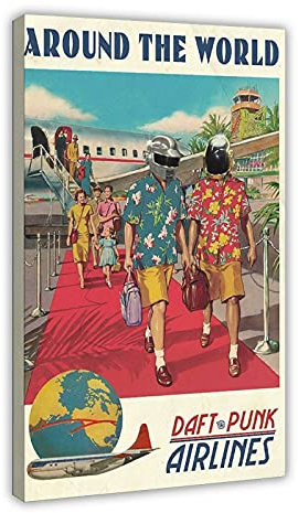 LJJJ Daft Punk Around The World Retro Musik Vintage Kunst Leinwand Poster Schlafzimmer Dekor Sport Landschaft Büro Zimmer Dekor Geschenk 60 x 90 cm Rahmen: