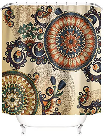 M&W DAS DESIGN Rideau de douche Mandala rétro oriental - Style bohème - Résistant à la moisissure - Feuilles beige - Avec 12 anneaux en C - Poids inférieur : 180 x 200 cm (l x h)