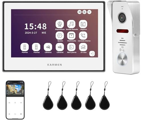 Karmen Videoportero Tuya Wi-Fi, Trabaja con Alexa, Pantalla táctil de 7 Pulgadas, videoportero inalámbrico 1080P, grabación por detección de Movimiento, Habla, Abre 2 cerraduras