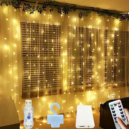 Cortina de Luces,3x3m 300 LEDs Cortina Luces Luz de Cortina con Mando 8 Modos,Alimentación por USB o pilas,Impermeable Guirnaldas Luminosas Navidad para Casa Ventana Boda Fiesta Decoración Navideña