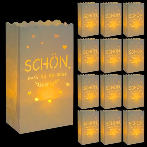 BETESSIN 12pcs Kerzentüten Papier Schön DASS du da bist Tischdeko Lichttüten Taufe Kommunion Hochzeit Papiertüten für Kerzen Weiß Candle Bags Tisch Ornament für Kerzen Teelichter 15x9x26cm