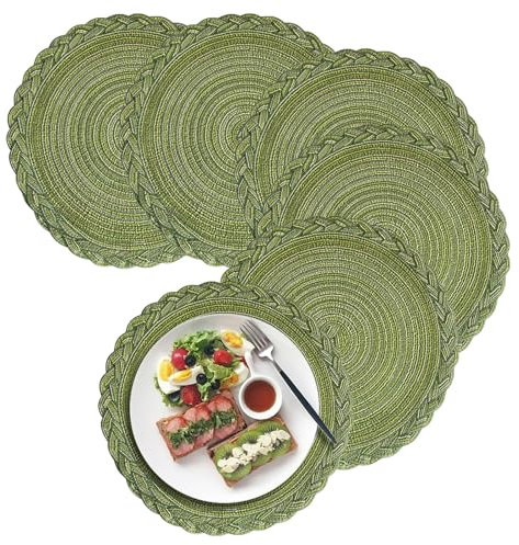 Herfair Platzsets Rund, 6er Set Tischsets Untersetzer Teller, Tischset Baumwolle Gewebte Platzdeckchen Stoff Tischuntersetzer für Küche Weihnachten Decor (Grün,30cm)