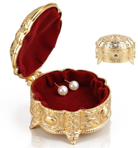 Cyrank Runde Gold-Schmuckschatulle, Vintage Schmuckkasten mit Deckel, Metall-Schmuckschatulle, Kleine Aufbewahrungsbox Für Schmuckstücke, Schmuckbox Deko, Schmuckkoffer für Ohrringe Armband Damen
