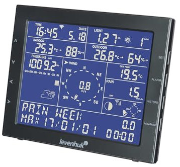 Levenhuk Wezzer PRO LP330 14-in-1 Digitale Wetterstation mit Uhr, Kalender, Thermometer, Barometer, Hygrometer, Anemometer, Regenmesser, Mondphasen, vollständiger Wettervorhersage und WLAN