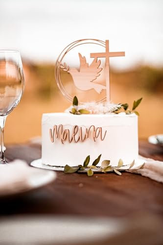 ELEFANTEN HOLZ Individueller Cake Topper aus Holz mit Namen, Geschenkidee, Geburtstag, Taufe, Hochzeit, Kommunion (Moderne Taube klassisches Kreuz)