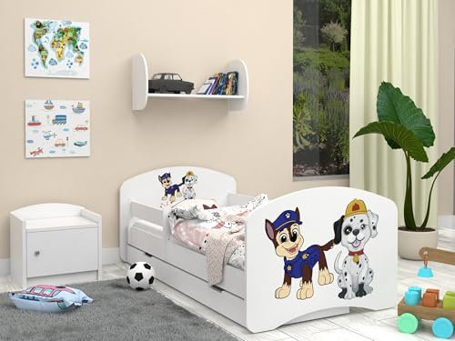 Happy Babies Bett für Kinderzimmer 140x70 mit Schublade, Bett und Matratze für Mädchen, Kinderbett mit Schutz vor dem Herausfallen und Einer Schublade, Einzelbett, Hundemotiv, Junge - Weiss