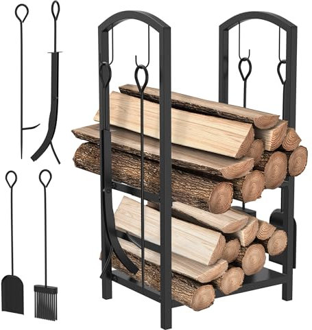 FIVMEN Kaminholzregal Innen mit 4 Kaminwerkzeug Brennholzregal Kaminholzständer Holzregal Metall inkl Schaufel Zange Bürste Schürhaken Kaminzubehör Kaminbesteck für Kamin Kaminofen, 75x38x40 cm