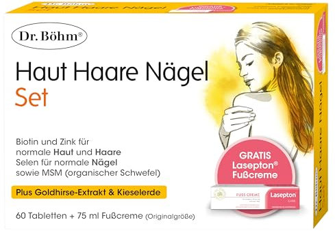 Dr. Böhm Haut Haare Nägel: Vitamine & Nährstoffe für Haut, Haare & Nägel, mit Silizium aus Goldhirse & Kieselerde, Selen, Biotin, Zink, 60 Tabletten + Gratis Lasepton Fußcreme