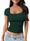 OOHOKAY Women's Basic Short Sleeve T-Shirt Square Neck Slim Fit Solid Color Tee Tops Y2K Summer Crop Top Casual Wear XS-XXL(Dark Green-U3,S)