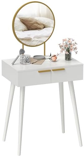 HOMCOM Tavolino da toilette moderno con specchio rotondo, tavolino da trucco con 2 cassetti per camera da letto, soggiorno, 60 x 40 x 123 cm, bianco