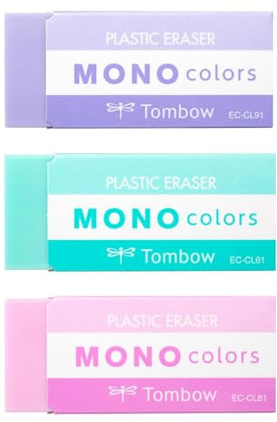 Tombow MONO colors suddgummi set om 3, plast, ftalat- och latexfri, 19 g, för skola, kontor och för ritning