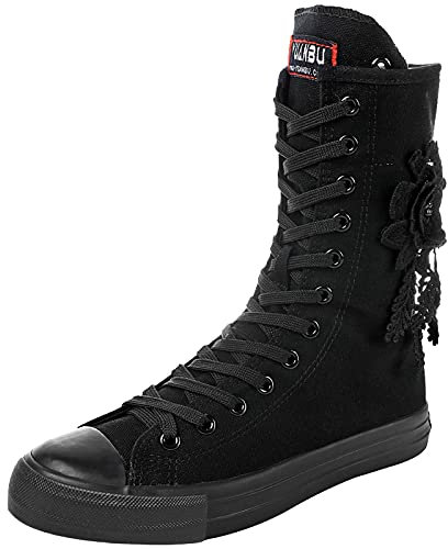 rismart Mujer Botas Lona Media Pierna Animadora Cordones High Top Sneakers Zapatos de Deporte(Negro(Flor),42 EU)