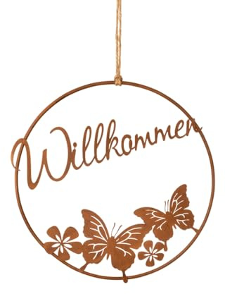 Hänger Schriftzug Willkommen mit Schmetterling D:18,5 cm im Rost Design - Türdeko, Gartendeko, Türkranz