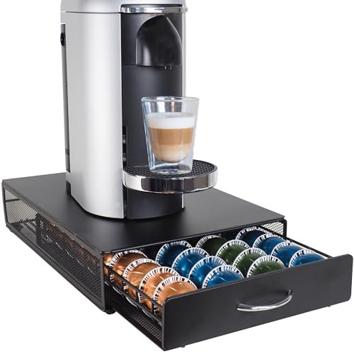 Gadgy Vertuo Nespresso Kapselhalter | Kaffeekapseln Aufbewahrung mit Schublade | Halter für 40 Kaffee Kapseln | Kapsel Aufbewahrungsbox Anti-Rutsch-Füße | Schubladenbox Schwarzer Metall