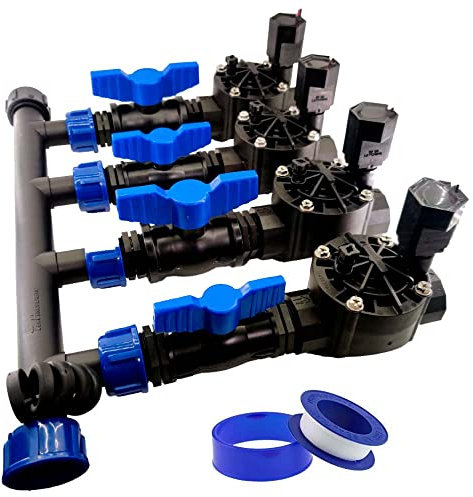 RIEGOPRO Kit Colector de Riego + Electroválvula Rain Bird HV 1 + Válvulas de Mantenimiento + Rollo Teflón. Kit para Sistemas de Riego Automático (Para Programadores a Pilas (9V), 4 Estaciones)