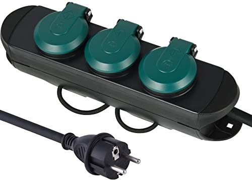 Electraline Multiprise d'extérieur professionnelle 3 prises Schuko IP44, câble en caoutchouc H07RN-F 3G1.5, noir/vert 62572 (Prise Allemagne et Espagne)