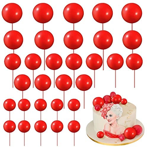 Xsstarmi 30 PCS Balls Cake Topper Mini Balloons Cupcake Topper DIY Cake Insert Topper Foam Cake Balls Baking Decoration for Baby Shower Wedding Anniversary Kids Birthday Party Cake Decorations Red