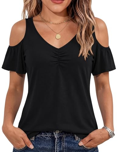 Micoson Kortärmad off-shoulder-blus för kvinnor, klassisk V-ringad rynkad blus, Svart, XXL