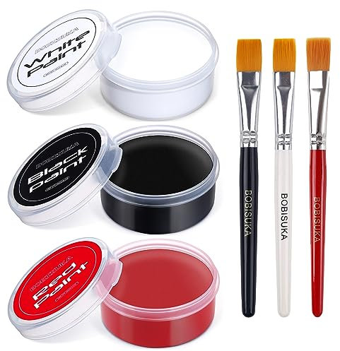 BOBISUKA Pinturas Corporales Blanco Negro Rojo con 3 Pinceles - Pintura Facial para Maquillaje Teatral, Halloween, Carnaval, Fiesta, No Tóxico Resistente al Agua Larga Duración