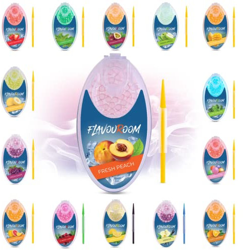 Flavouroom - Premium Kapseln 100er Set | DIY passion fruit Aroma-Filter für unvergesslichen Flavour | inkl. Aufbewahrungsbox für die aromatischen Click Kugeln (Fresh Peach)