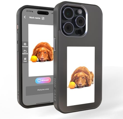Ink case - IPhone 15 Pro Max E Ink Protective digital Phone Case for iPhone models with NFC Technology. Shockproof and Waterproof, No power needed. Image display reflecting on phone case (Dark grey)