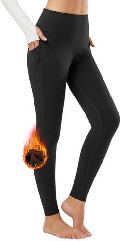baleaf Women's Thermal Leggings with Pockets Fleece Lined Yoga Pants Winter Warm High Waisted Trousers Black XL