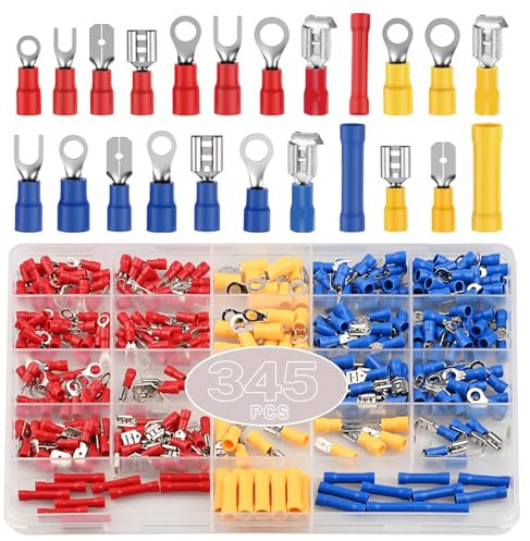 Capicorda Elettrici,Preciva 345 pezzi Connettori Elettrici Terminali, 24 Tipi Capicorda dimensioni 0.5-6.0mm², Set Assortimento Occhiello, Vanga Isolati
