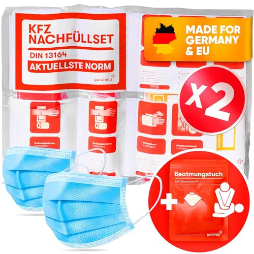 PURAHELP 2x KFZ Nachfüllset DIN 13164 nach aktueller Norm 2025 (StVO konform) - Inkl. Beatmungstuch - Erste Hilfe Set Auto Verbandskasten Auto 2025