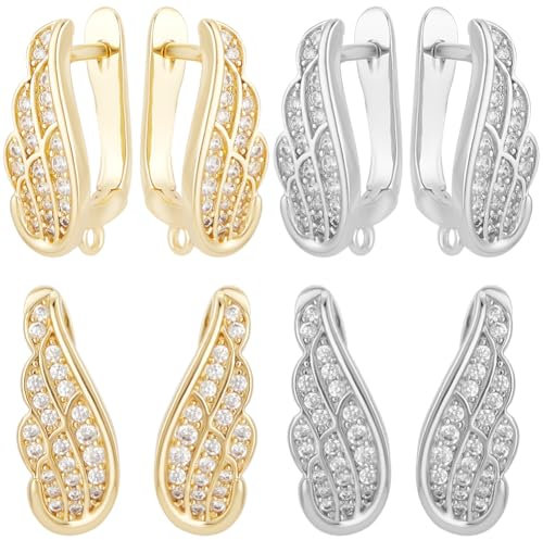 Beebeecraft 8Pcs 2 Colors Leverback Earring Findings 18K Gold&Platinum Plated Cubic Zirconia Wings French Earring Hooks for Jewelry Making
