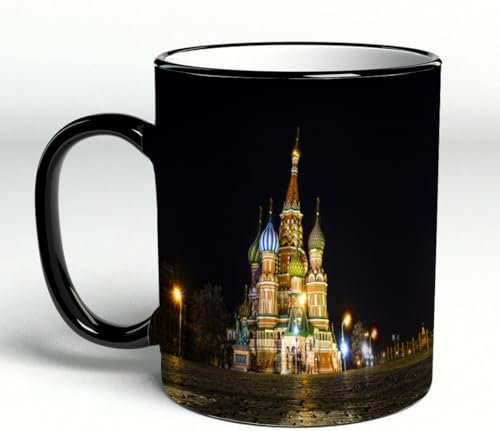 YOIUE Tasse aus Keramik - Große 11oz Tassen 330ml Kaffeetassen mit Henkel, 100% Handbemalt - Trinkgläser mit Griff - Weiß,Fantasievolle, farbenfrohe Burgnachtszene Basilius-Kathedrale Moskau Russland