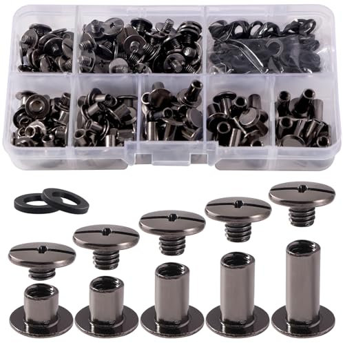 YIXISI 80 Set M5 x 4/6/8/10/12 mm Chicago Vis Assortiment Kit, 5 Tailles Kit de Rivets pour Cuir Cruciforme, pour DIY, Décoration de Cuir, Réparation de Reliure, Nickel Noir