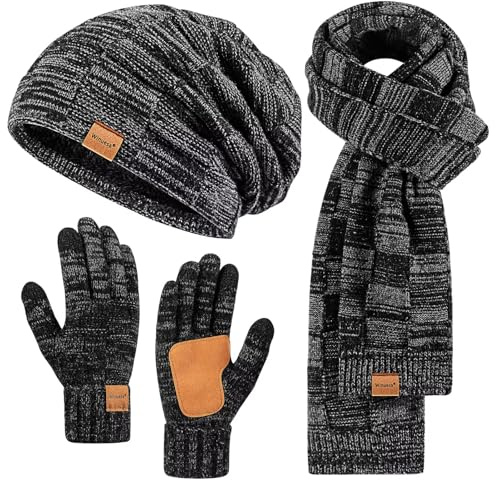Mens Hat Scarf and Gloves Set Winter, Thick Thermal Fleece Lined Slouchy Beanie Neck Warmer Scarves Touchscreen Gloves, 3 in 1 Warm Set for Cold Weather(Mix-Black)