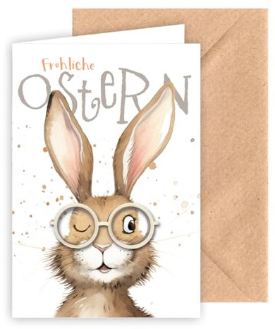 KE - Osterkarte, Glückwunschkarte, mit Umschlag, natur, Motiv: Hase mit Brille, Holzteil Brille, gelasert, Format: B6