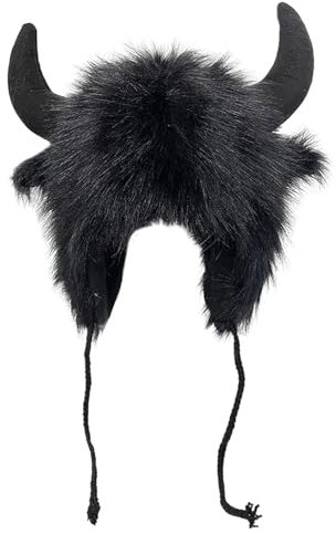Sombrero de cuerno de toro de peluche – gorro de invierno con orejas esponjosas, gorro de piel sintética para cosplay de animales, disfraz unisex, accesorio divertido para festivales y fiestas