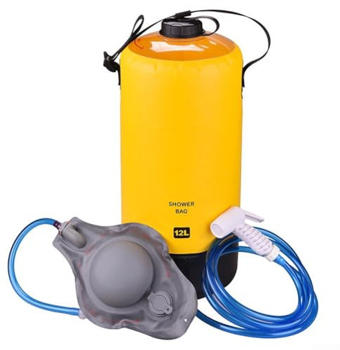 Oniissy Doccia da campeggio da 12 l, portatile, a energia solare, soffione doccia a pedale, in PVC 500D, per spiaggia/escursionismo/viaggio/lavaggio (giallo)