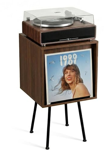 Faesun Soporte abatible para tocadiscos, mesa auxiliar con capacidad para hasta 100 álbumes, soporte giratorio con pantalla de discos, almacenamiento de discos de vinilo para sala de estar, dormitorio