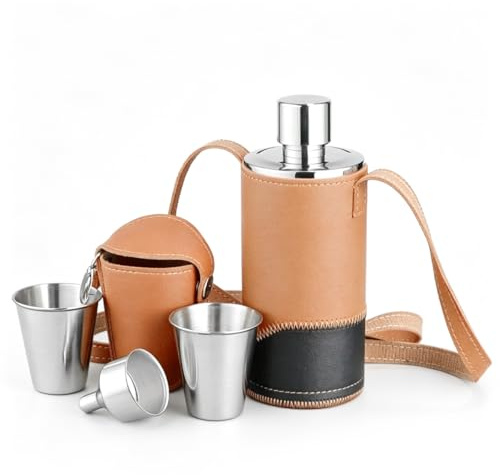 Ticha Vintage Mens 500ml PU Leather Stainless Steel Hip Flask with Funnel and Cups, for Camping, Travel, Golf and Outdoor Use