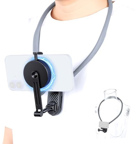 UTEBIT Magnetic Cell Phone Neck Holder Ajustable 360 grados Soporte Magnético Plegable a voluntad Gargantilla Teléfono con GoPro/DJI /Insta360/iPhone/Android (Grey)