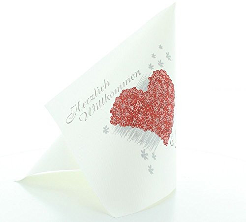 Sovie HORECA Airlaid Servietten Herzlich Willkommen - 40 x 40 cm - 1/4 Falz - 50 Stück - rotes Blütenherz - Ideal für Gastronomie & Events