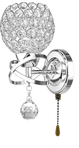 WeFoonLo Modern Crystal Wall Light Lámpara colgante Aplique de cromo Aparato de iluminación de dormitorio con cable de tracción Interruptor, Conector E14 (Esférico)