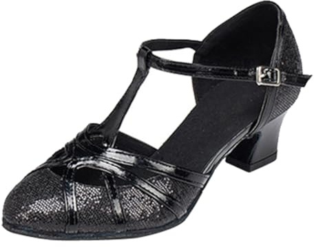 MGM-Joymod Chaussures de Danse pour Femme Bride en T Bout fermé Paillettes Synthétiques Soirée de Mariage Tango Salle de Bal Moderne Amérique Latine, Talon Noir pailleté de 5cm,39 EU